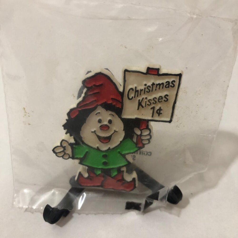 New Vintage 1981 Hallmark Christmas Kisses 1 Cent Sign Elf Holiday Pin Brooch